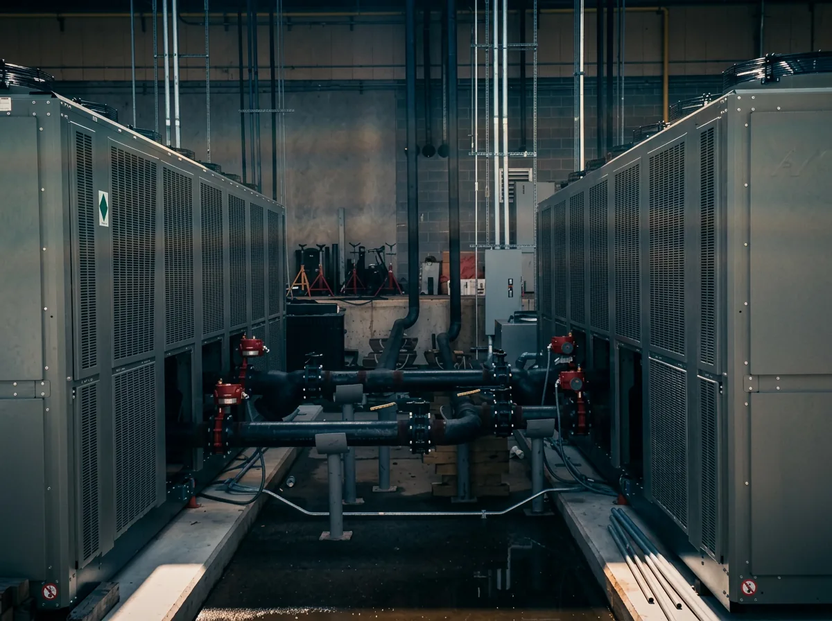 Twin air-cooled chillers with headered process piping