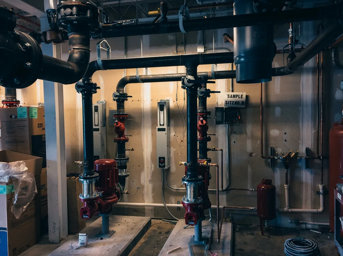 Pump skid and hydronic piping in a commercial mechanical room